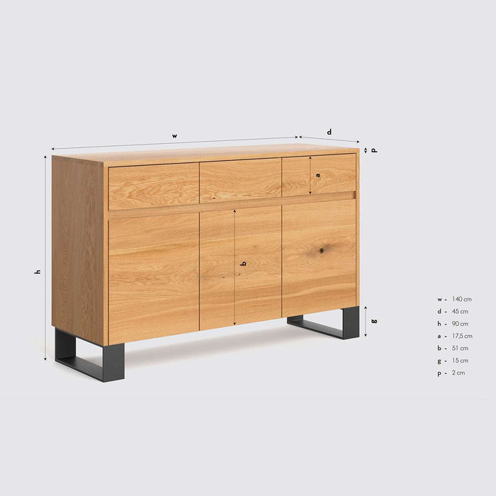 Industrial Sideboard aus massiver Eiche | Dreitürige Kommode Horizon mit drei Schubladen