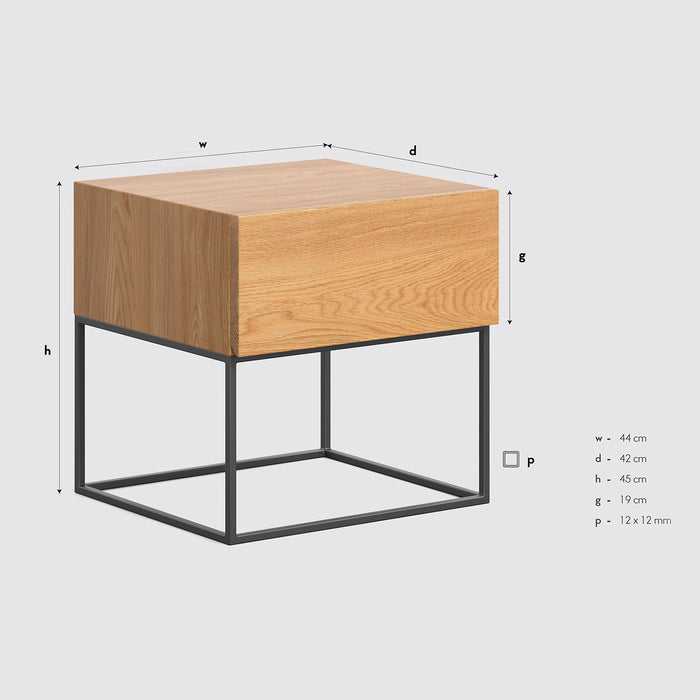 Schlafzimmer-Set | Industrial Bett aus massiver Eiche und Metall mit zwei Nachttischen | Nova Slim und 2x Loom mit Schublade