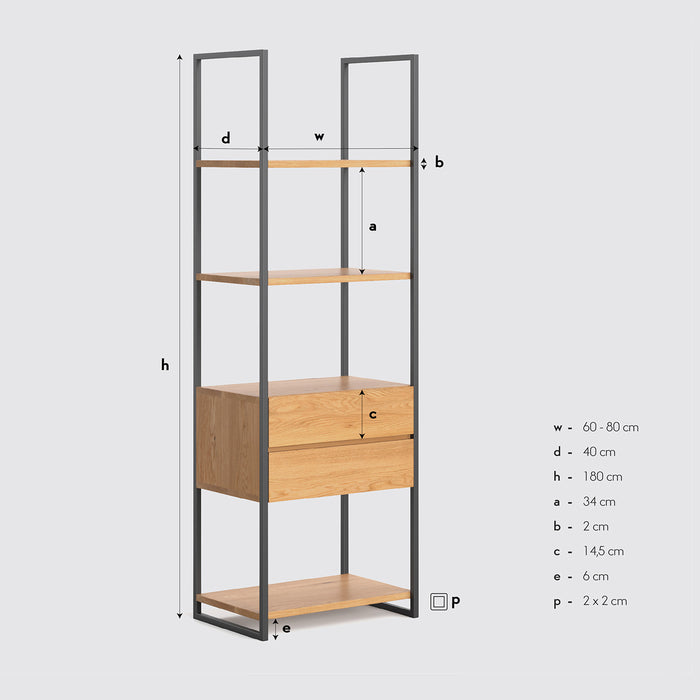 Industrial Regal aus massiver Eiche in zwei Größen | Standregal Moon mit zwei Schubladen