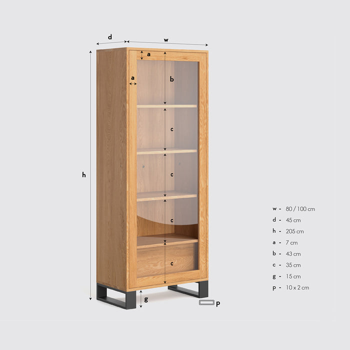 Hohes industrial Regal aus massiver Eiche in zwei Größen | Vitrine Axel mit innenliegender Schublade