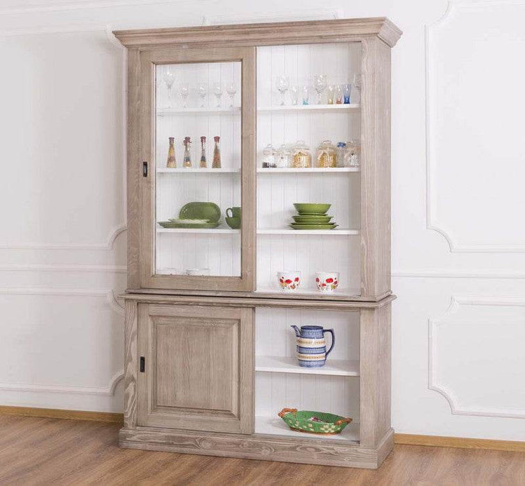 Buffetschrank mit Schiebetüren | Geschirrschrank | Vitrine | 2-teilig - gebuerstet-weiß-rechts-offen