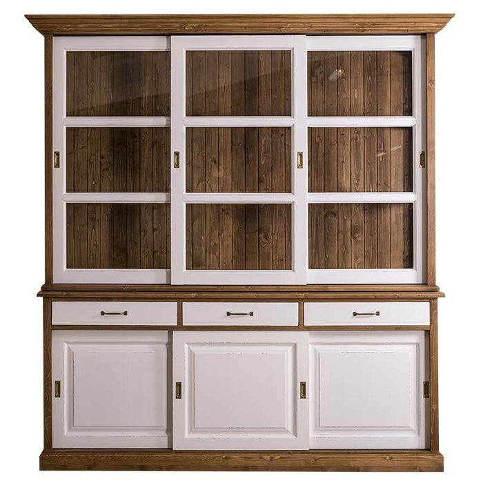 Geschirrschrank | Vitrine mit Schiebeglastüren| 2-teilig | 3 Elemente - gewachst-weiß-front