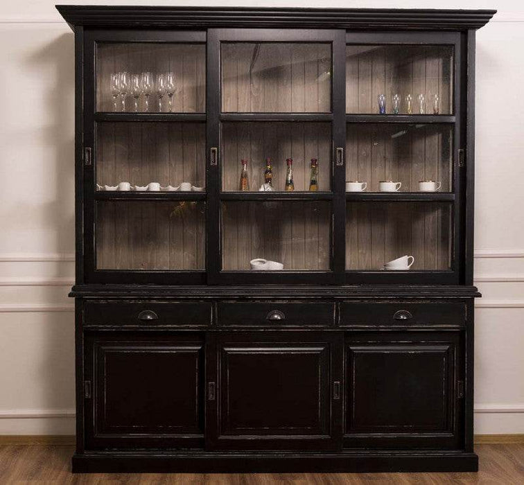 Geschirrschrank | Vitrine mit Schiebeglastüren| 2-teilig | 3 Elemente - Schwarz Vintage | gebürstet