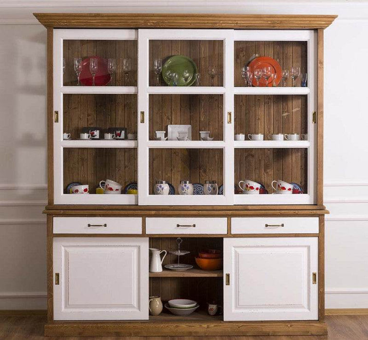 Geschirrschrank | Vitrine mit Schiebeglastüren| 2-teilig | 3 Elemente - gewachst-weiß-offen