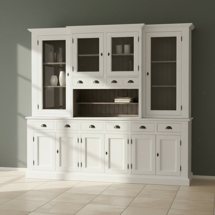 Großer Geschirrschrank aus Massivholz | Vitrine | 2-teilig | 9 Türen | 6 Schubladen - Weiß | anthrazit