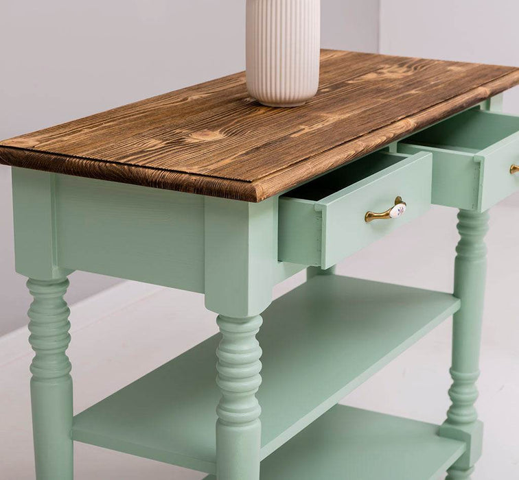 Konsolentisch aus Massivholz | Wandtisch mit 2 Schubladen - mint-geflammt-links-offen-detail
