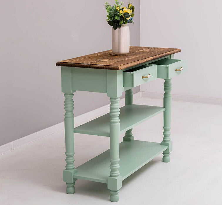 Konsolentisch aus Massivholz | Wandtisch mit 2 Schubladen - mint-geflammt-links-offen2
