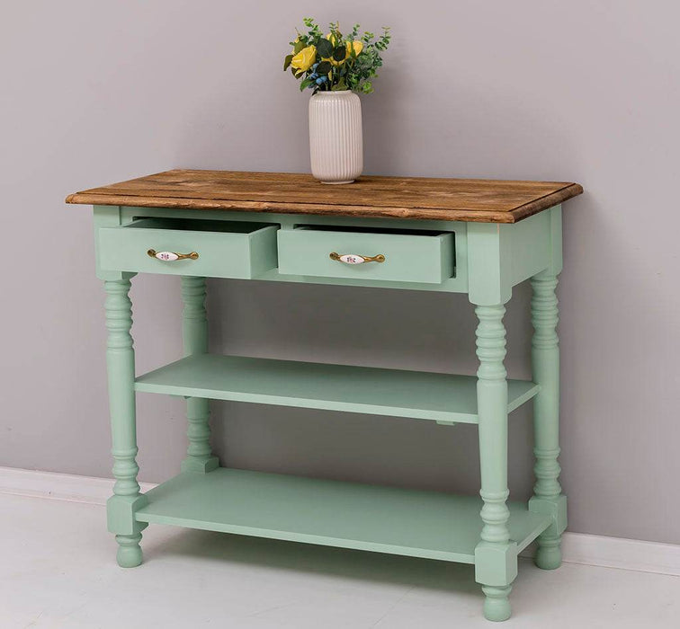 Konsolentisch aus Massivholz | Wandtisch mit 2 Schubladen - mint-geflammt-rechts-
offen