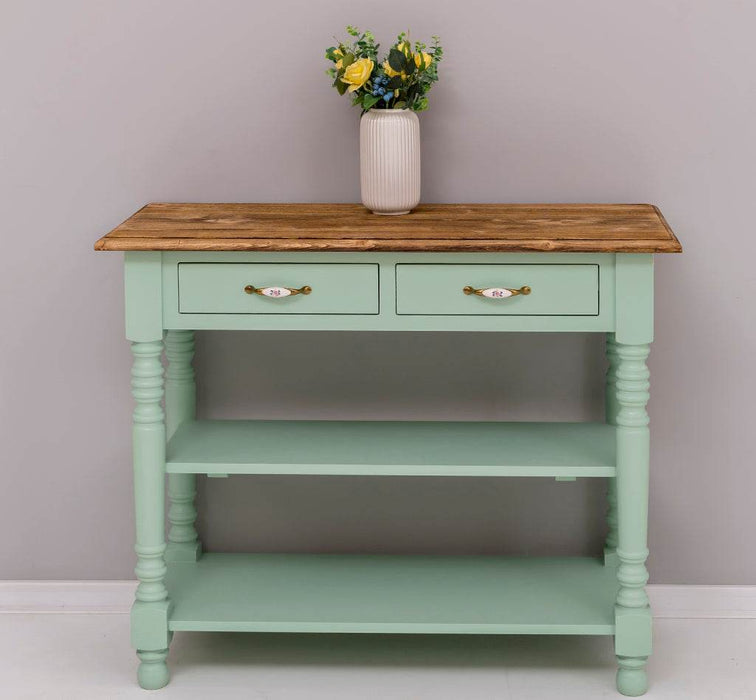 Konsolentisch aus Massivholz | Wandtisch mit 2 Schubladen - mint geflammt - frontal