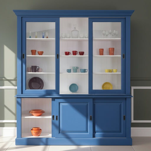 Massiver Buffetschrank - Geschirrschrank | Vitrine | 2-teilig | 6 Schiebetüren - Blau - Weiß-offen