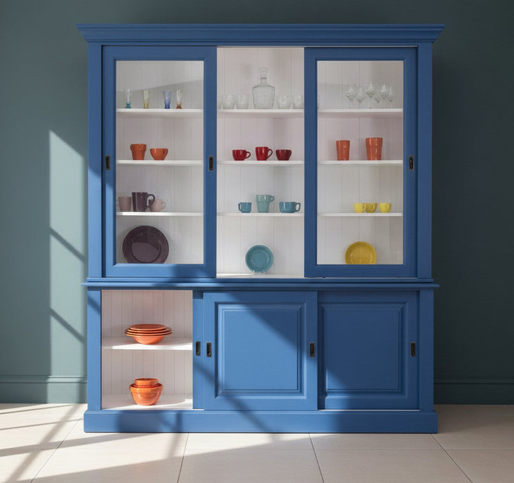Massiver Buffetschrank - Geschirrschrank | Vitrine | 2-teilig | 6 Schiebetüren - Blau - Weiß-offen
