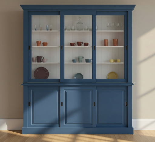 Massiver Buffetschrank - Geschirrschrank | Vitrine | 2-teilig | 6 Schiebetüren - Blau - Weiß
