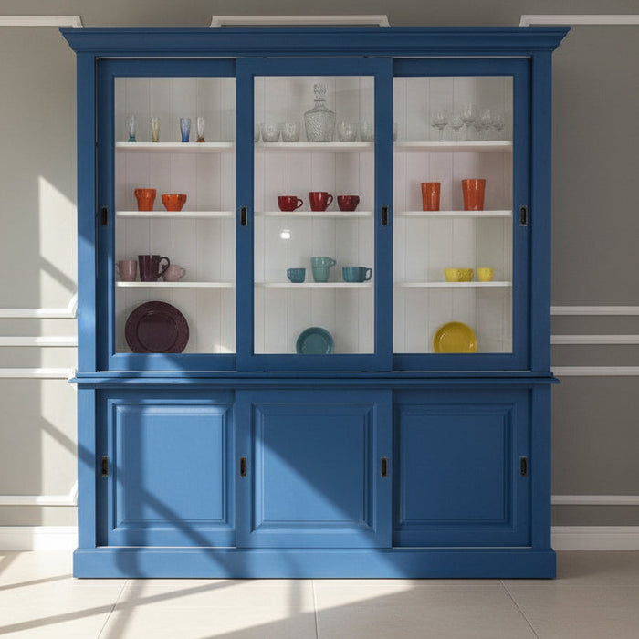 Massiver Buffetschrank - Geschirrschrank | Vitrine | 2-teilig | 6 Schiebetüren - Blau - Weiß