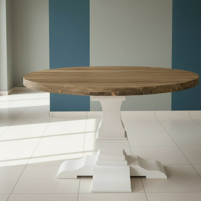 Esstisch aus Massivholz Rund im Landhausstil - mit Eichenplatte oder Pinienplatte - Pinie gebürstet | Weiß