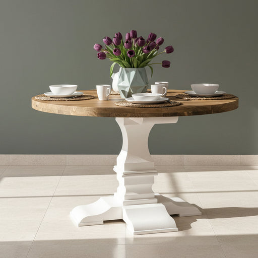 Esstisch aus Massivholz Rund im Landhausstil - mit Eichenplatte oder Pinienplatte - Pinie gebürstet | Weiß