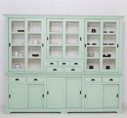 Großer Wohnzimmerschrank aus Massivholz | Buffet- und Geschirrschrank mit 12 Türen und 9 Schubladen | Vitrine mit Schiebetüren - Mint