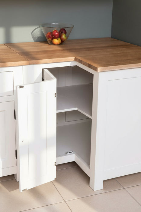 Winkelküche | Eck- Küchenzeile aus Massivholz Weiß mit Eichenplatte Besteck- und Geschirrschrank Doppel- Spülbecken und Hängeschränken - Eichenplatte