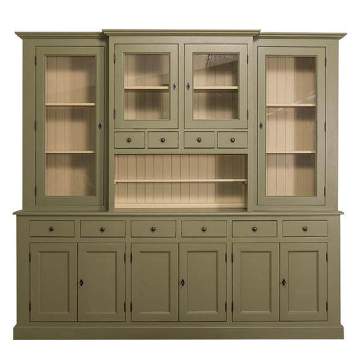 Großer Geschirrschrank aus Massivholz | Vitrine | 2-teilig | 9 Türen | 6 Schubladen - Grün | beige