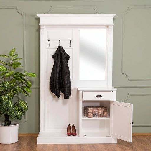 Garderobe aus Massivholz mit Spiegel und Schrankablage - Weiß