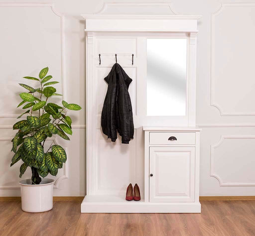 Garderobe aus Massivholz mit Spiegel und Schrankablage - Weiß