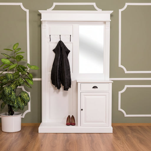 Garderobe aus Massivholz mit Spiegel und Schrankablage - Weiß