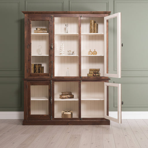 Bücherschrank aus Massivholz im Landhausstil | mit Glastüren und externem Verschluß | Vitrine | 2-teilig - Ganzer Schrank