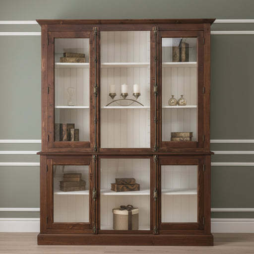 Bücherschrank aus Massivholz im Landhausstil | mit Glastüren und externem Verschluß | Vitrine | 2-teilig - Ganzer Schrank