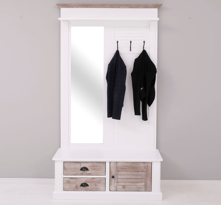 Spiegelgarderobe aus Massivholz mit Sitzfläche | 3 Haken | Schuhfächern und 2 Schubladen