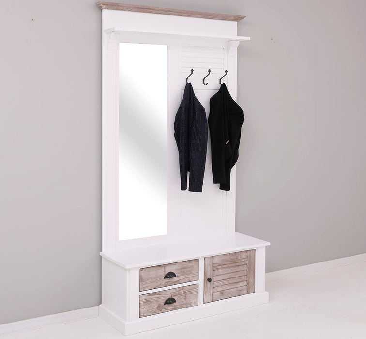 Spiegelgarderobe aus Massivholz mit Sitzfläche | 3 Haken | Schuhfächern und 2 Schubladen