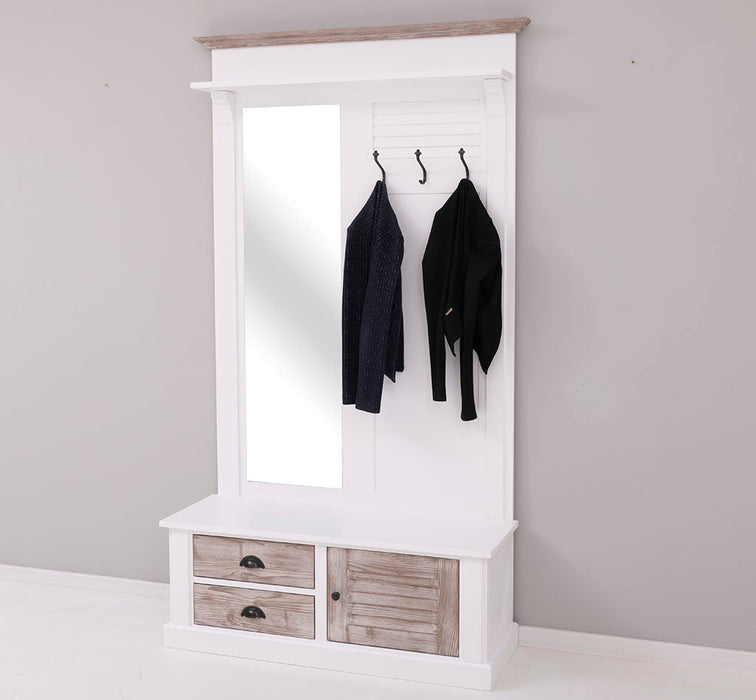 Spiegelgarderobe aus Massivholz mit Sitzfläche | 3 Haken | Schuhfächern und 2 Schubladen