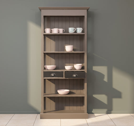 Schlankes Regal aus Massivholz mit 2 Schubladen -Grau - Antik dunkel-offen