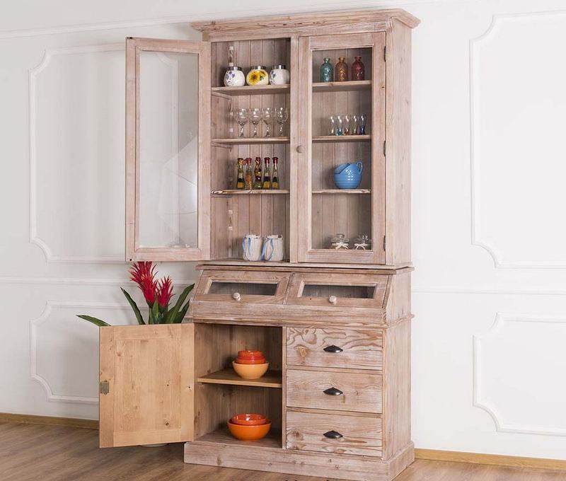 Schmaler-Vitrinenschrank-Massivholz-mit-Kippfächern-Geschirrschrank-Display-2-teilig-Gebürstet-geoeffnet-rechts