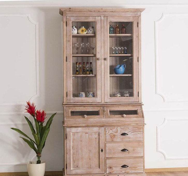 Schmaler Vitrinenschrank aus Massivholz mit Kippfächern | Geschirrschrank mit Display | 2- teilig - Gebürstet