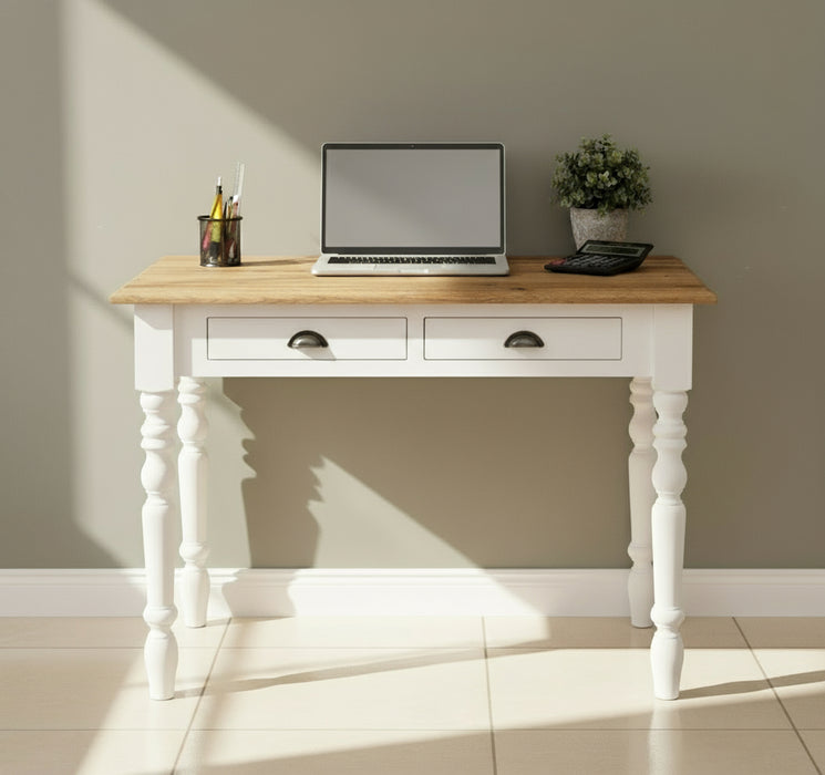 Vintage Konsolentisch aus Massivholz - Schreibtisch mit 2 Schubladen mit Eichenplatte - 